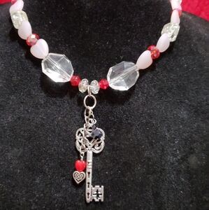 Silver and Red Beaded Key Charm Bracelet